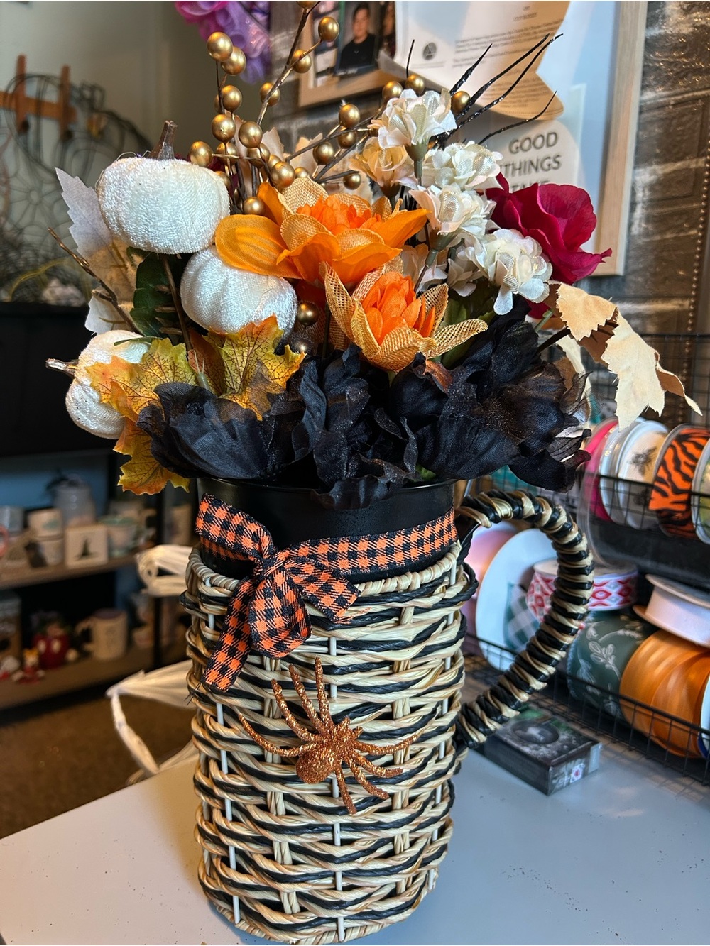 Hand Crafted Orange, Black & White Woven Pitcher Floral Arrangement